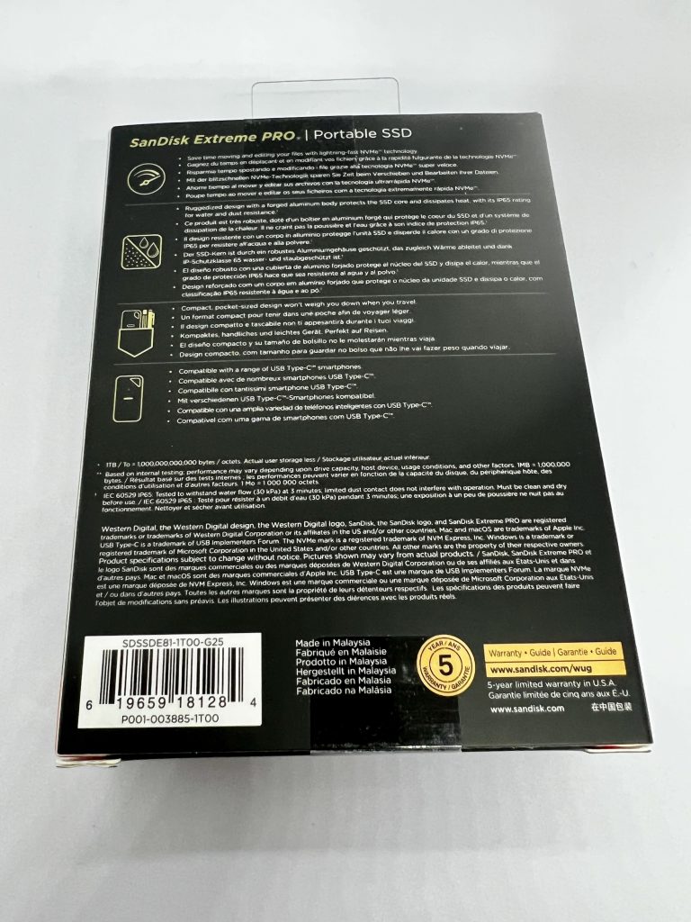 SanDisk Extreme PRO Portable SSD 1 TB externe Festplatte Rückseite der Verpackung