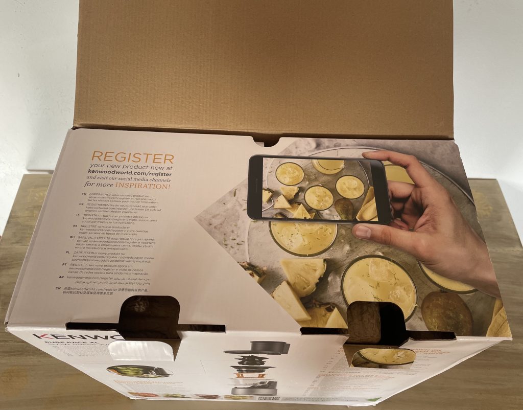 Kenwood PureJuice Pro JMP85.00SI Slow-Juicer Verbraucherhinweise im Karton-Deckel