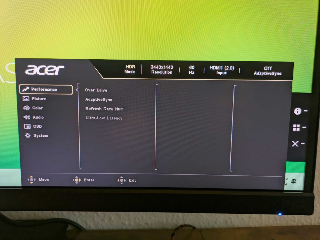 Menü des Acer VERO CB343CURD Monitors