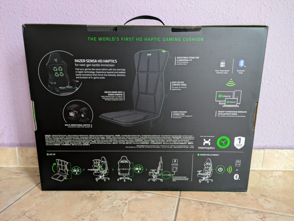 Verpackung des Razer Freyja Gaming-Sitz-Kissens von hinten