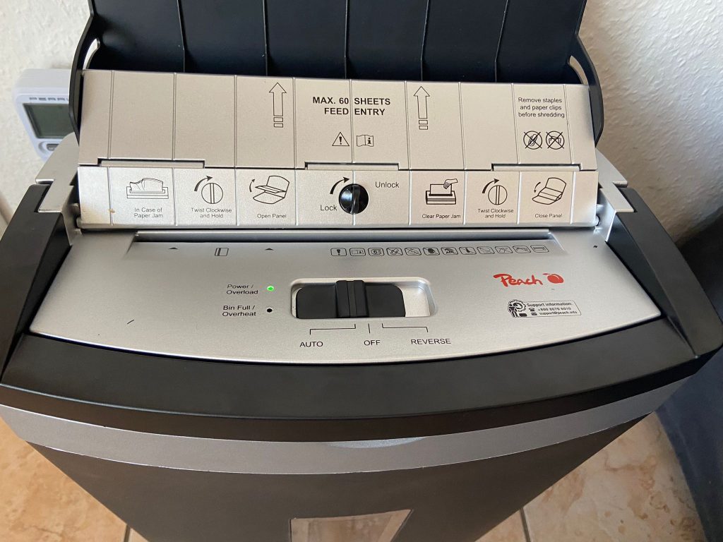 Peach PS600-10 Aktenvernichter Bedienfeld