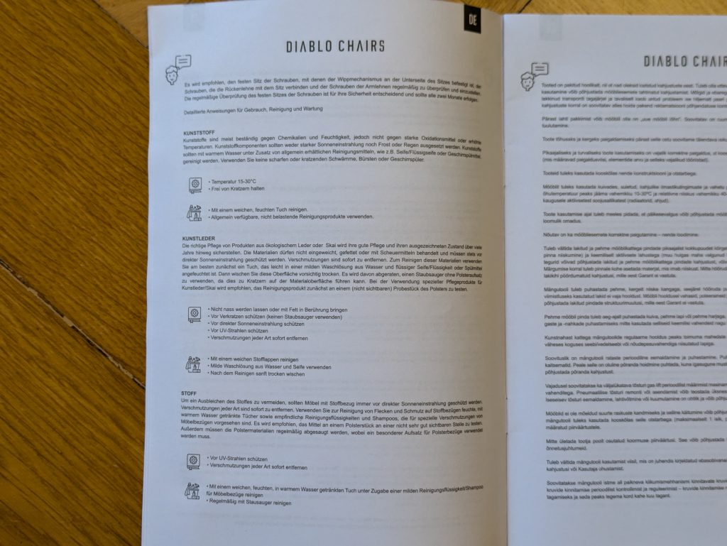 Pflegehinweise des Diablo X-Ray 2.0 Gaming-Stuhls (4)