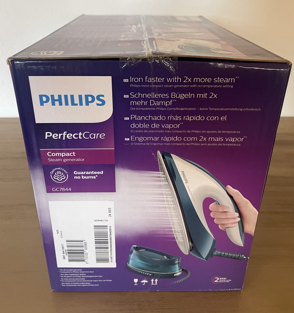 Philips PerfectCare Compact GC7844:20 Dampfbügelstation Seitenansicht Karton