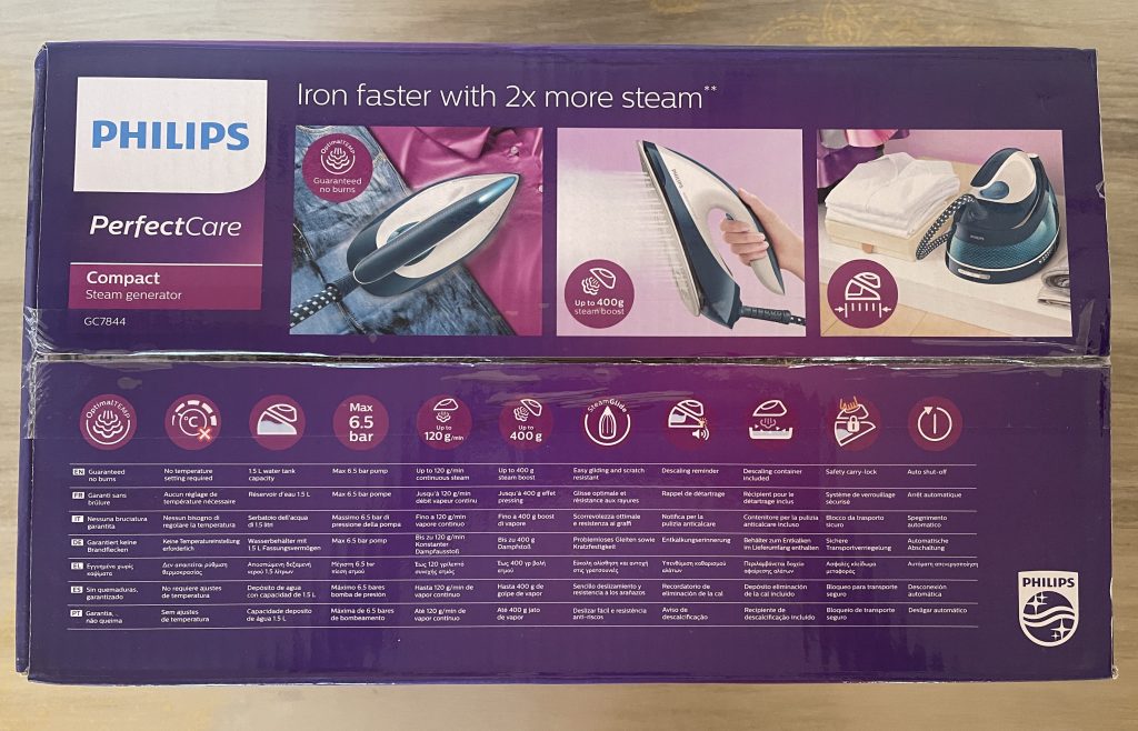 Philips PerfectCare Compact GC7844:20 Dampfbügelstation im Karton von oben