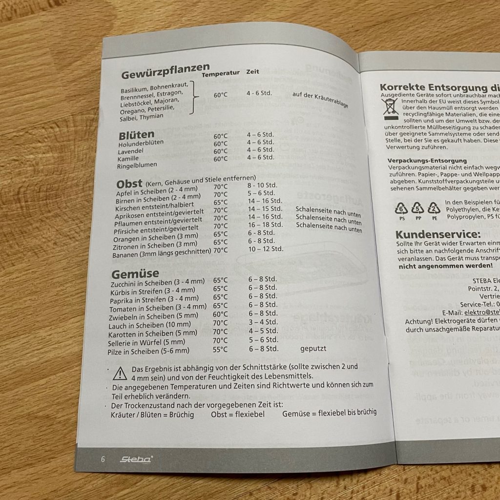 Steba ED5 Dörrautomat Zubereitungsempfehlung