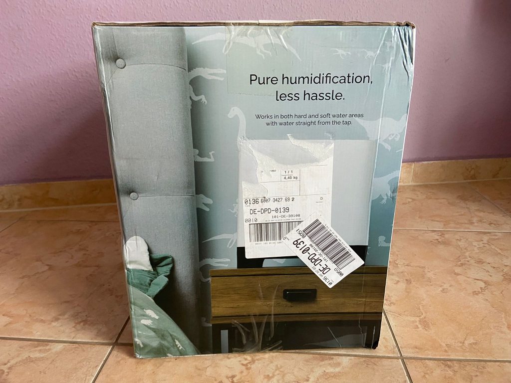 Verpackung des Meaco Armin 680 Luftbefeuchters von der anderen Seite
