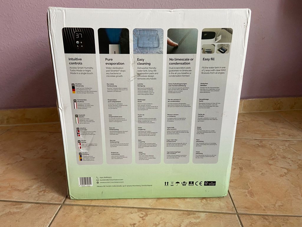 Verpackung des Meaco Armin 680 Luftbefeuchters von hinten