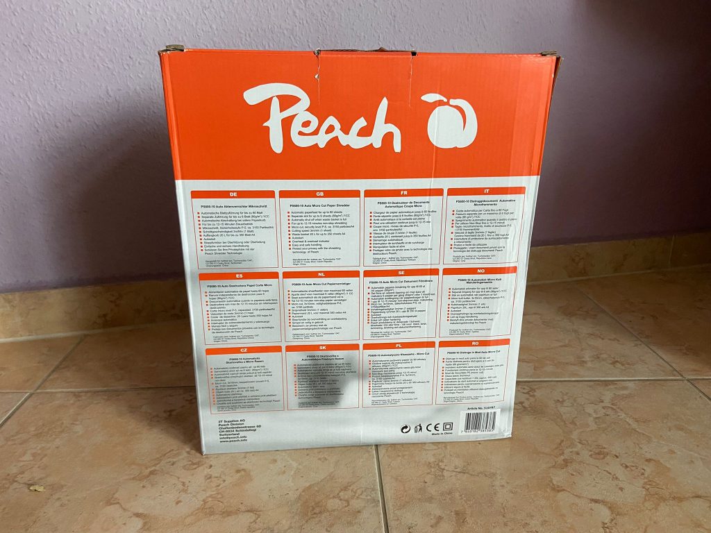 Verpackung des Peach PS600-10 Aktenvernichters von hinten