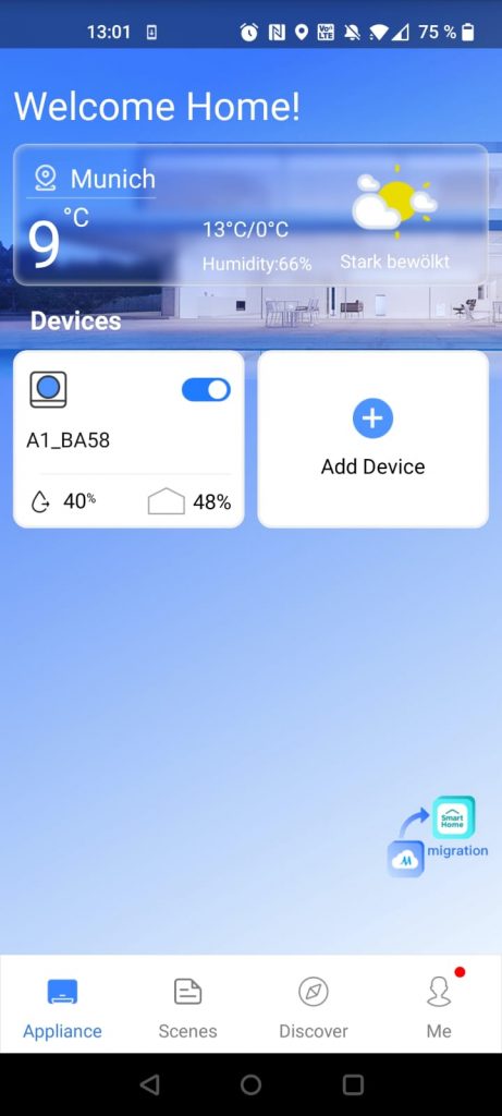 Midea Cube 20 Luftentfeuchter App-Übersicht