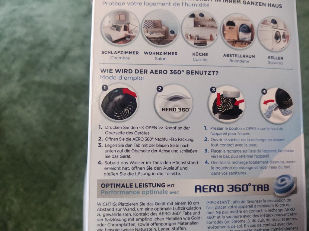 Pattex Aero 360º Luftentfeuchter Anleitung auf Verpackung