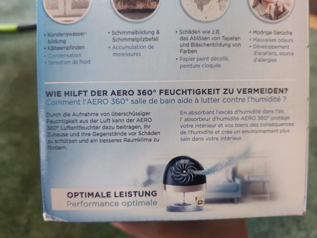 Pattex Aero 360º Luftentfeuchter Anleitung auf Verpackung 2