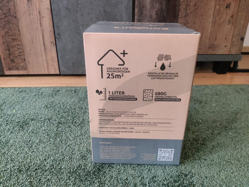 BonAura® AirOne Luftentfeuchter Verpackung mit Informationen
