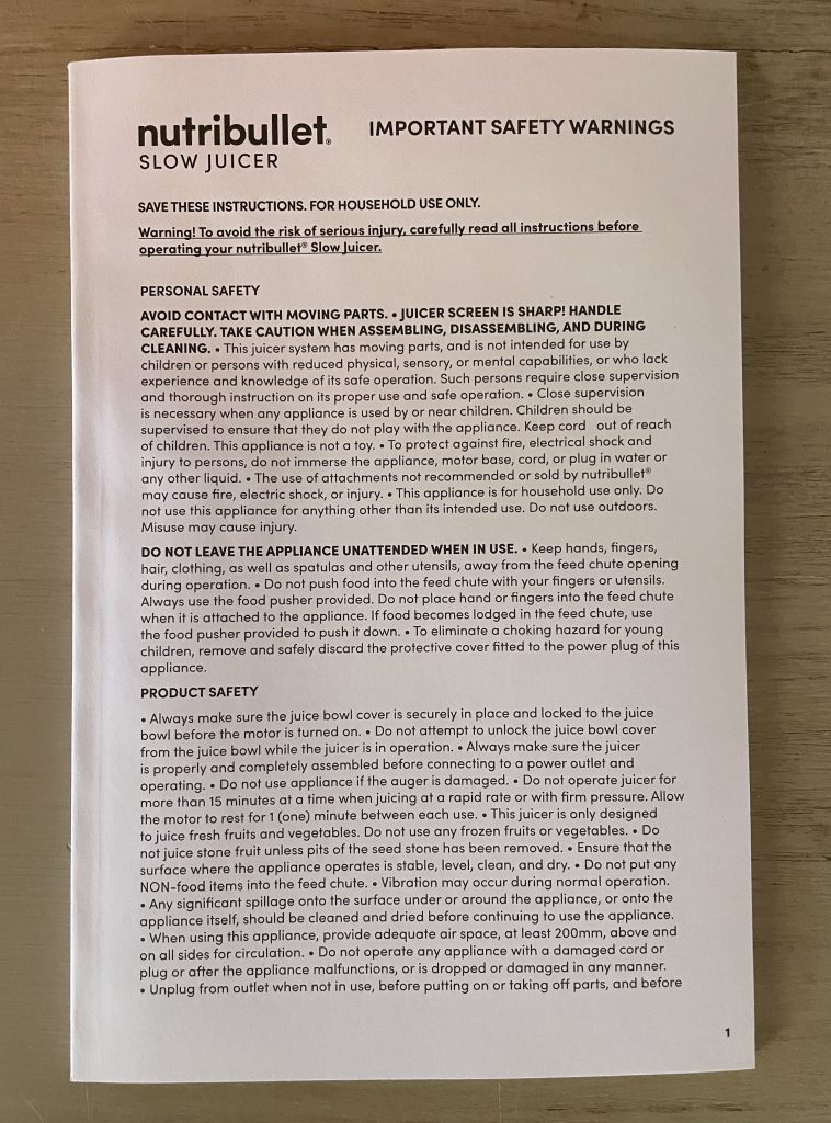 nutribullet NBJ500 Slow-Juicer mehrspraches Buch mit Sicherheitshinweisen