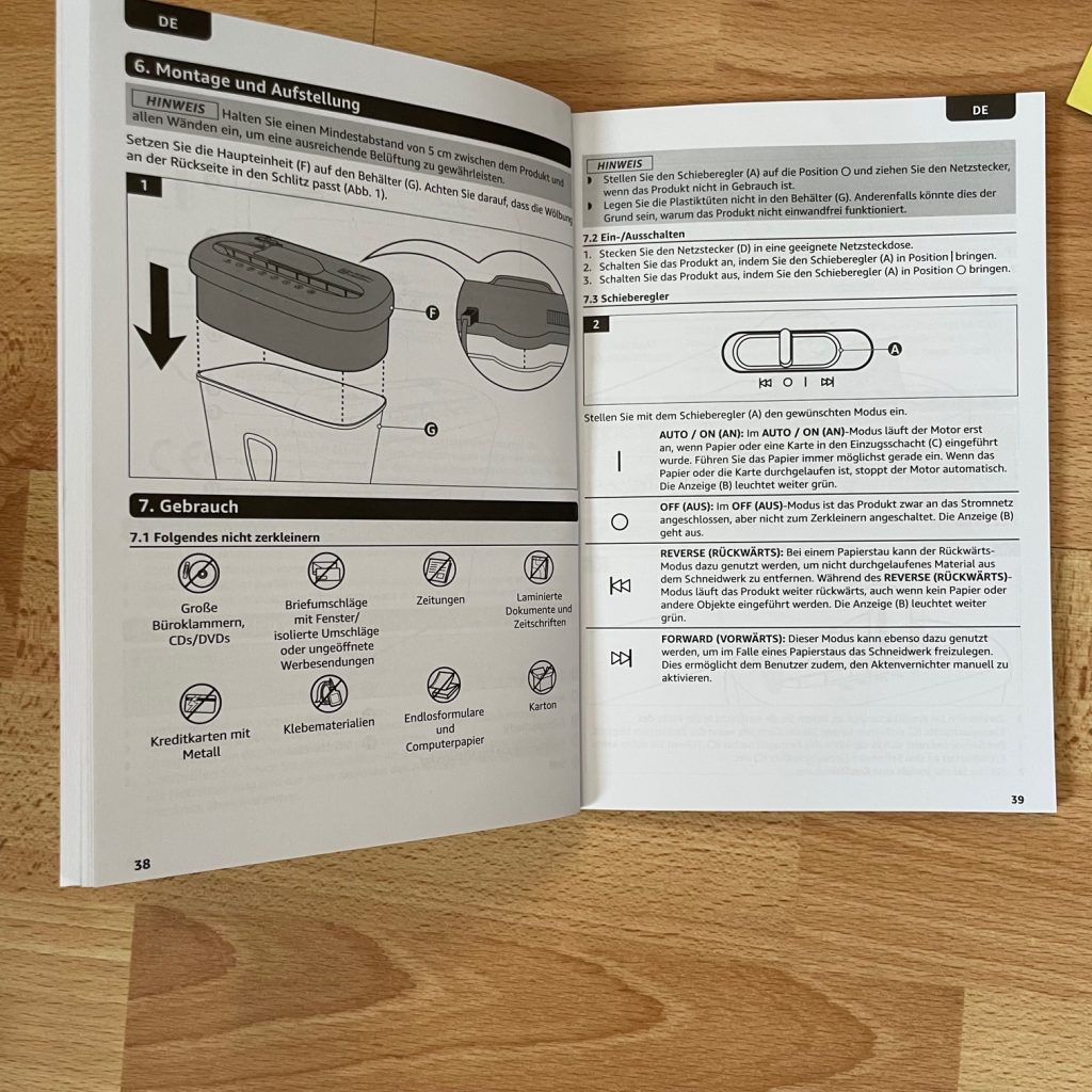 Amazon Basics Aktenvernichter Bedienungsanleitungen