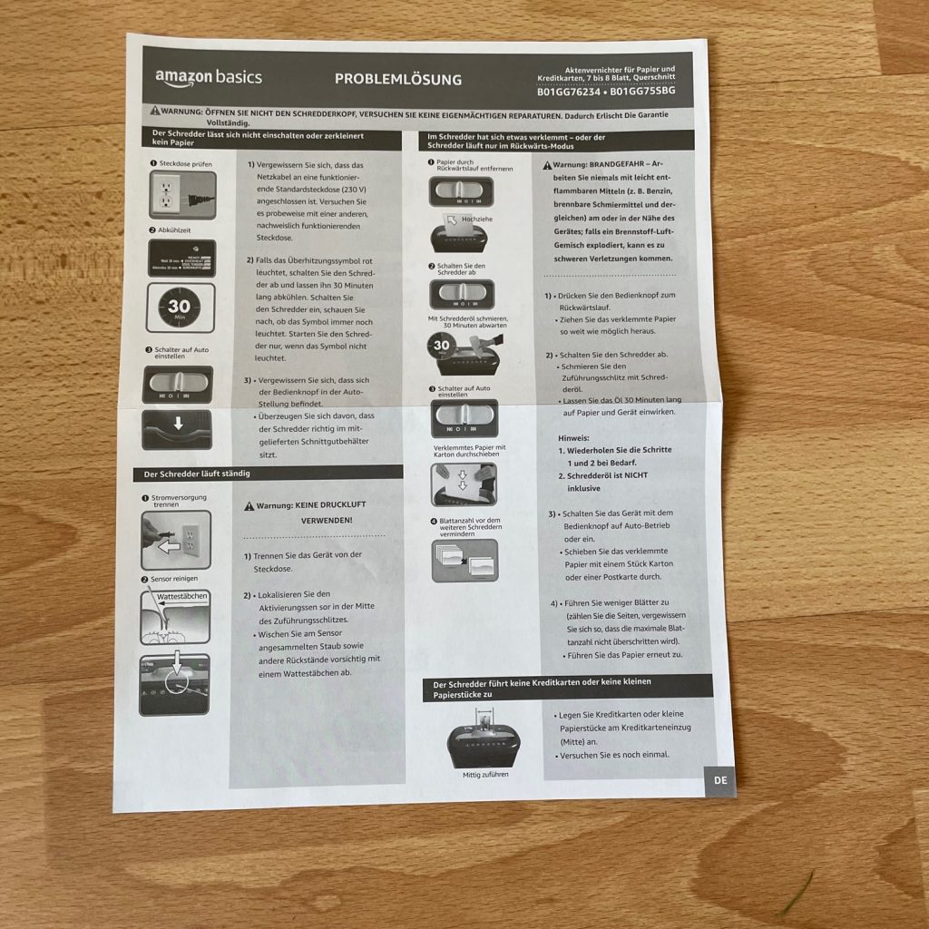 Amazon Basics Aktenvernichter Hinweise