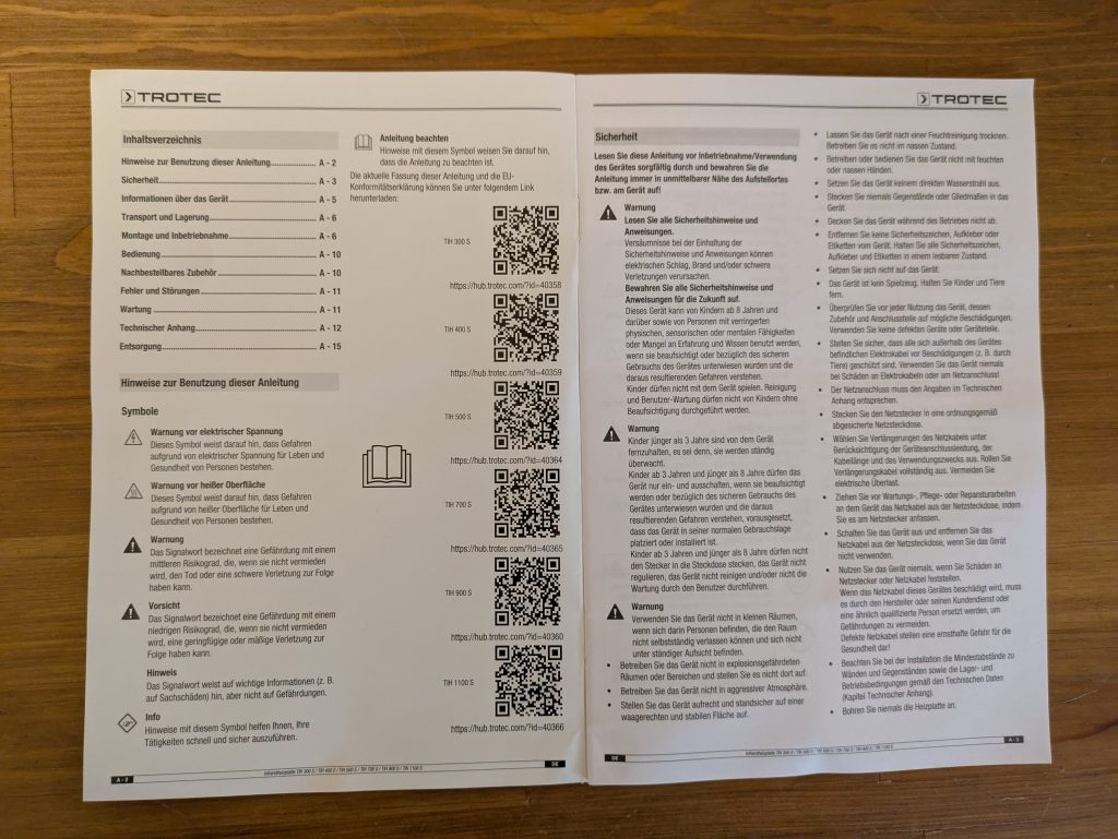 Anleitung der TROTEC TIH 500 S Infrarotheizung geöffnet