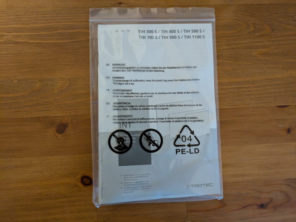 Anleitung der TROTEC TIH 500 S Infrarotheizung verpackt