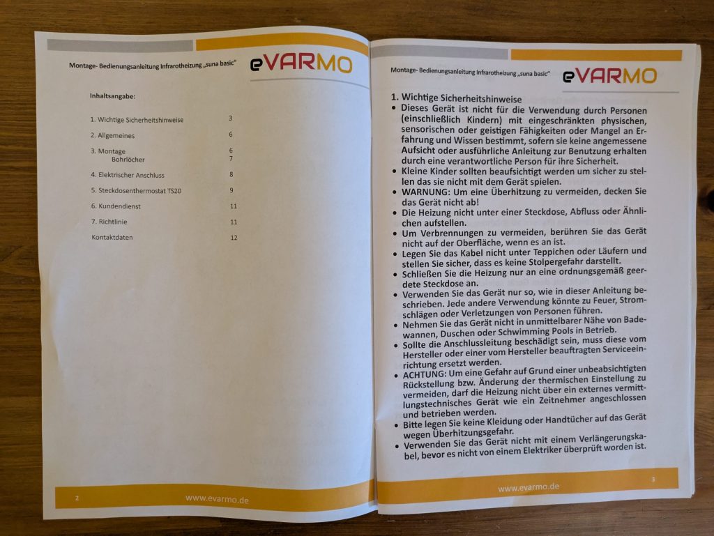 Anleitung der eVARMO suna basic Infrarotheizung geöffnet