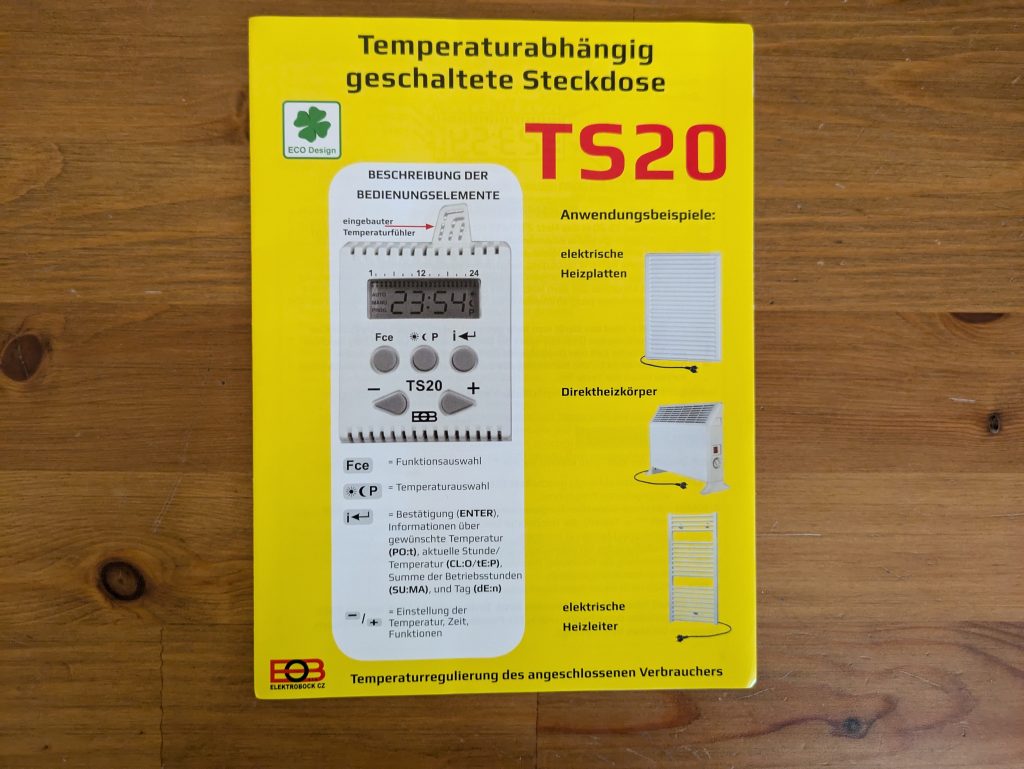 Anleitung des Thermostats TS20 der eVARMO suna basic Infrarotheizung von vorne