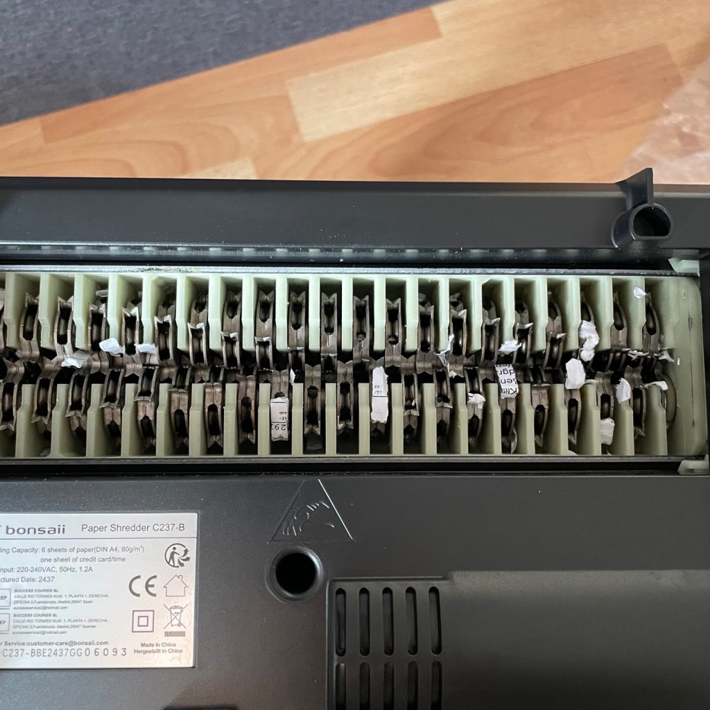 Bonsaii C237-B Aktenvernichter nach dem Test