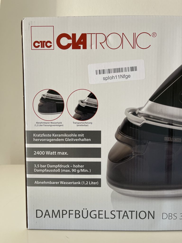 Clatronic® DBS 3749 Dampfbügelstation Produktinformationen auf dem Karton