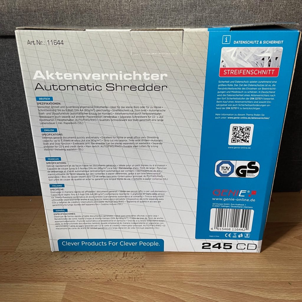 GENIE 245 CD Aktenvernichter Paket Rückseite