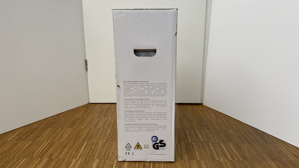 Klamer Luftentfeuchter 20 Verpackung Seite