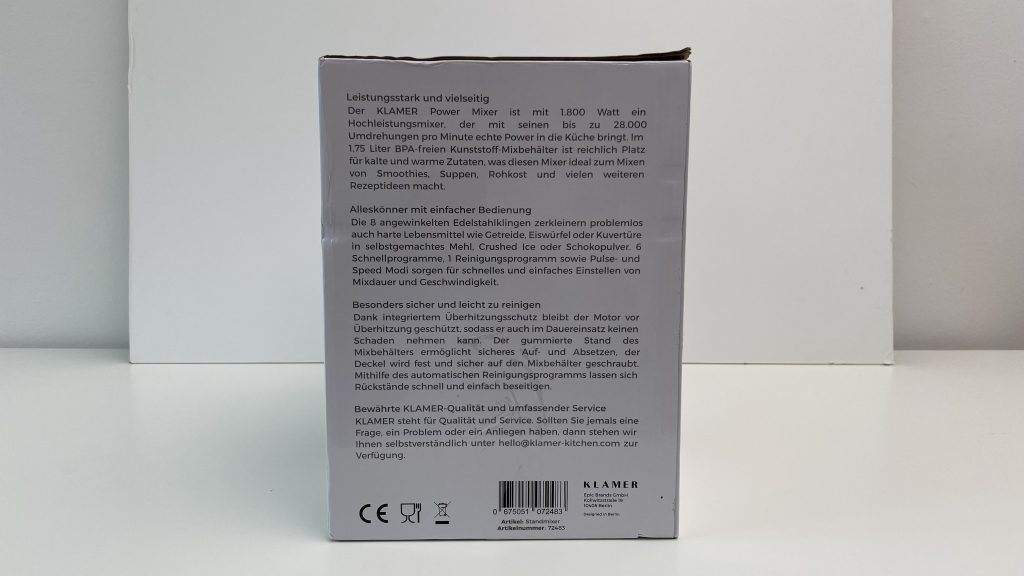 Klamer Standmixer Verpackung Seite
