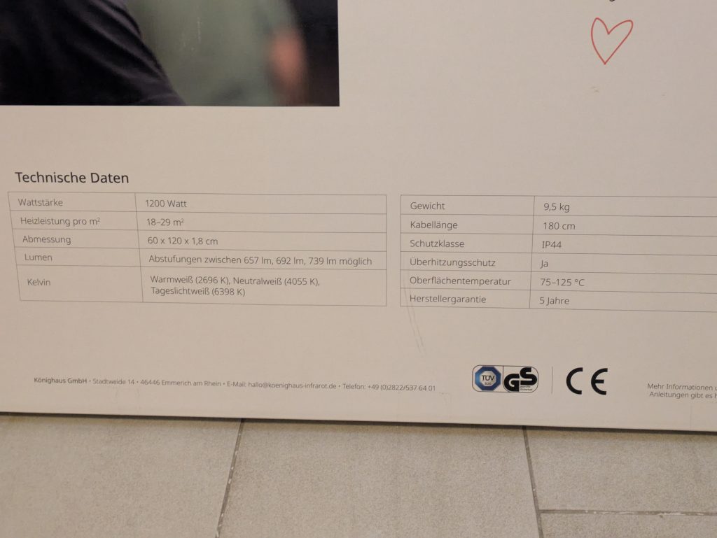 Könighaus M-1000 LED Infrarotheizung Verpackung