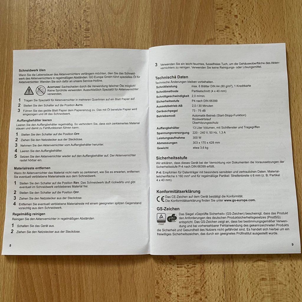 Olympia PS 53CC Aktenvernichter Anleitung