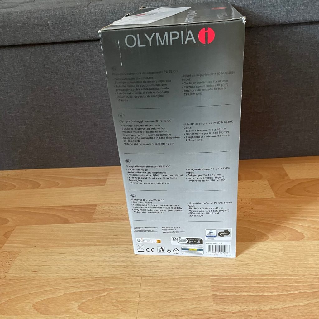Olympia PS 53CC Aktenvernichter Karton seitlich