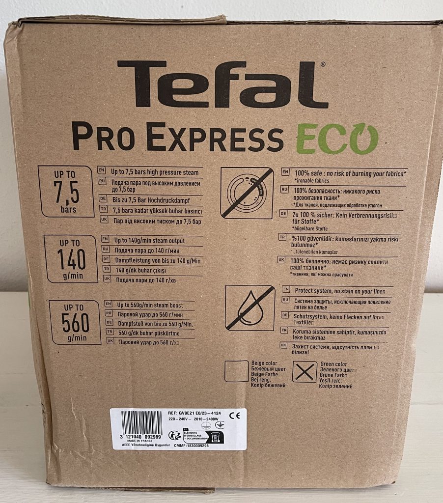 Tefal Pro Express Eco GV9E21E0 Dampfbügelstation im Karton von der linken Seite