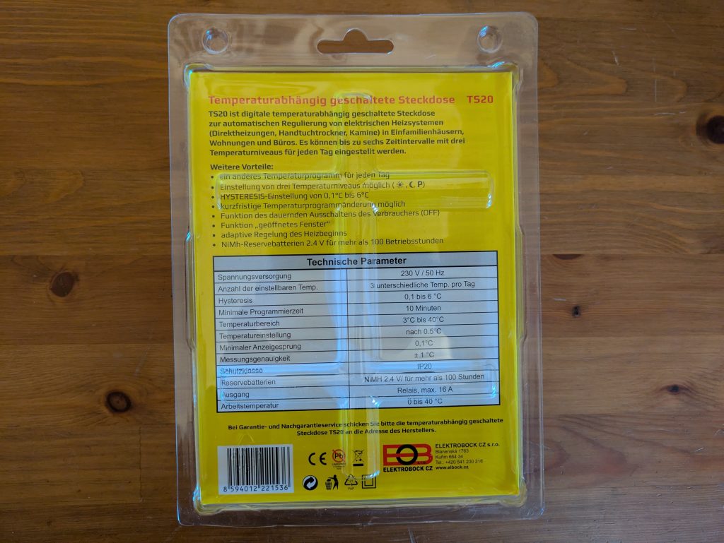 Thermostat TS20 der eVARMO suna basic Infrarotheizung verpackt von hinten