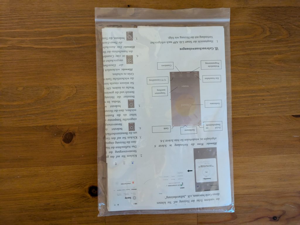 Verpackte Anleitung der Beycold 900 Infrarotheizung