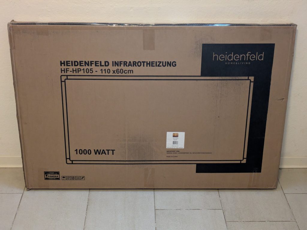 Verpackung der Heidenfeld HF-HP 105 Infrarotheizung von vorne