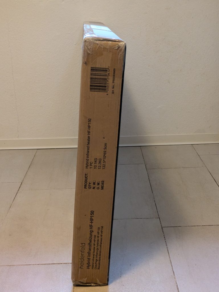 Verpackung der Heidenfeld HF-HP 150 Infrarotheizung von der Seite