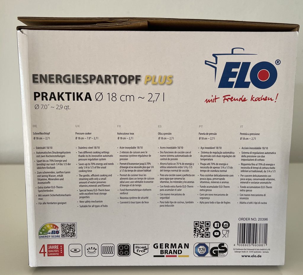 ELO Praktika XS Schnellkochtopf im Karton von der rechten Seite