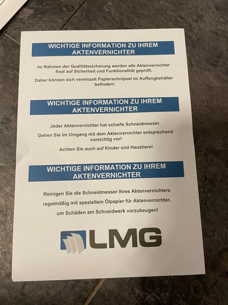 LGM P5 Aktenvernichter Hinweise