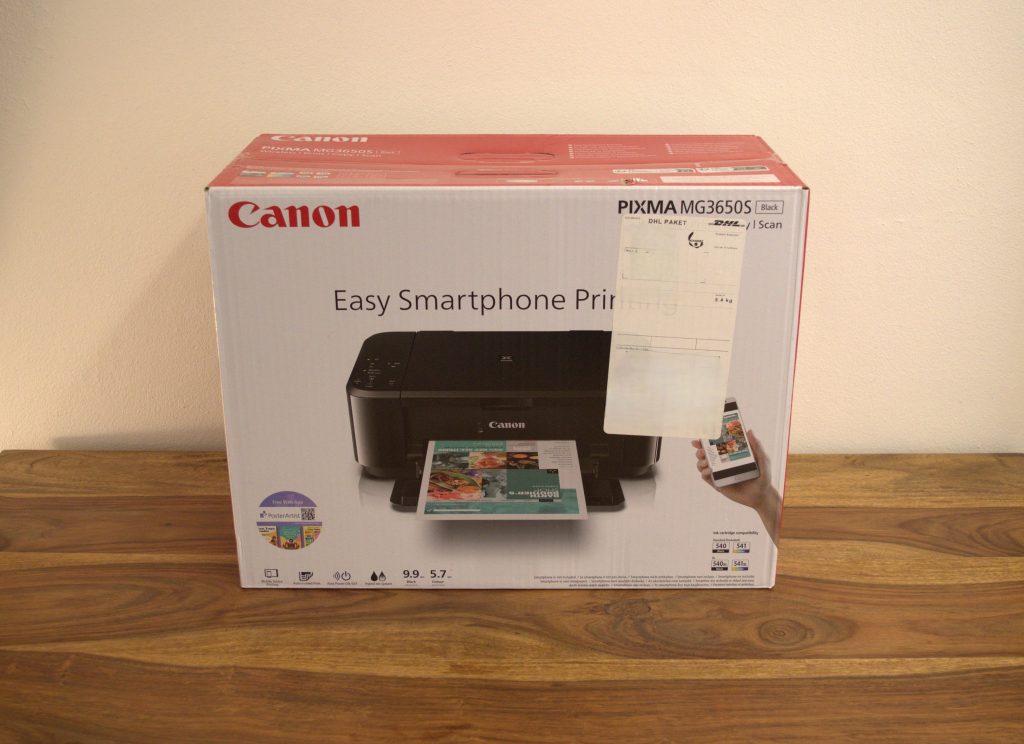 Canon PIXMA MG3650S Drucker Verpackung Frontansicht