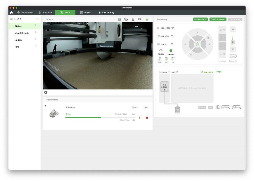 Bambu Lab X1C 3D-Drucker Slicer während des Druckens