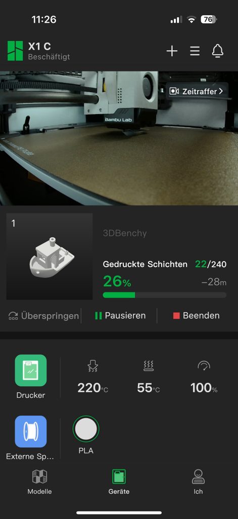 Bambu Lab X1C 3D-Drucker App Übersicht