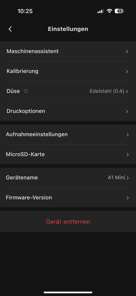 Bambu Lab A1 Mini 3D-Drucker App Einstellungsmöglichkeiten