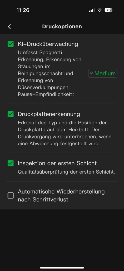 Bambu Lab X1C 3D-Drucker App Druckoptionen