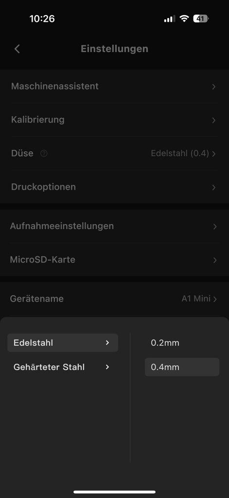 Bambu Lab A1 Mini 3D-Drucker App Einstellungen der Düse