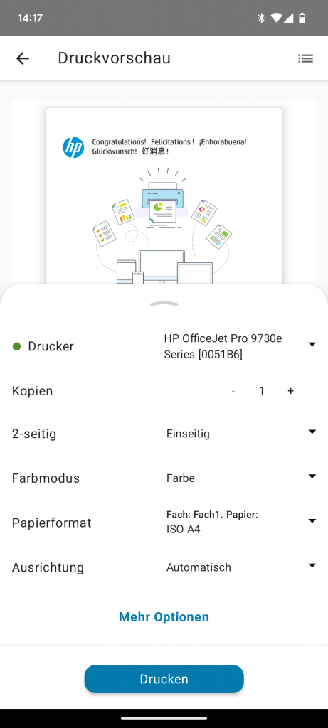 App des HP OfficeJet Pro 9730e Multifunktionsdruckers