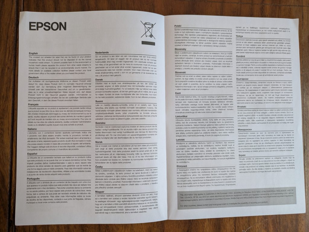 Infoblatt des Epson WorkForce WF-2960DWF Multifunktionsdruckers geöffnet