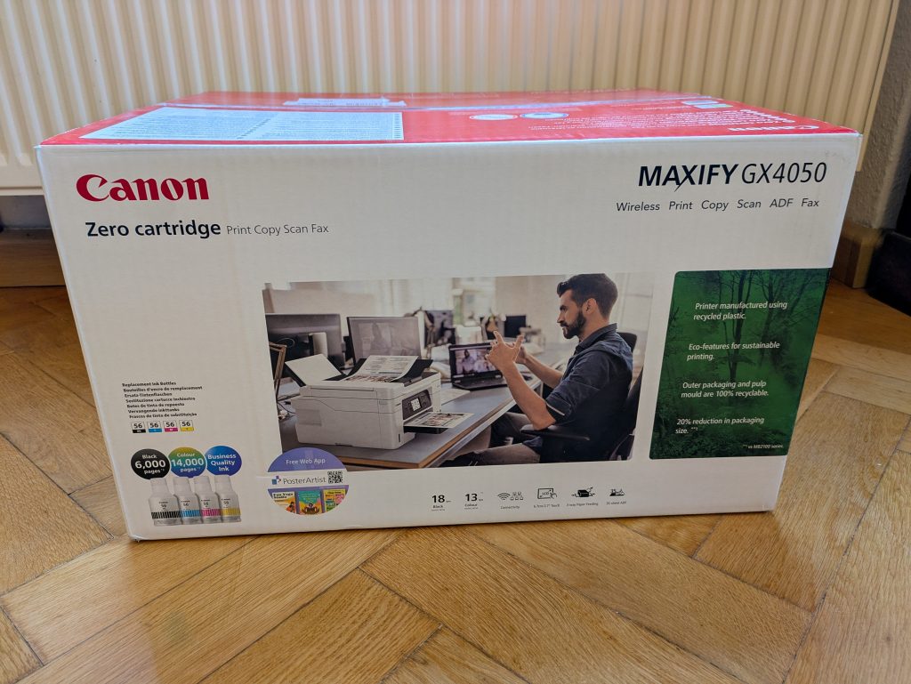Verpackung des Canon Maxify GX4050 Multifunktionsdruckers von hinten