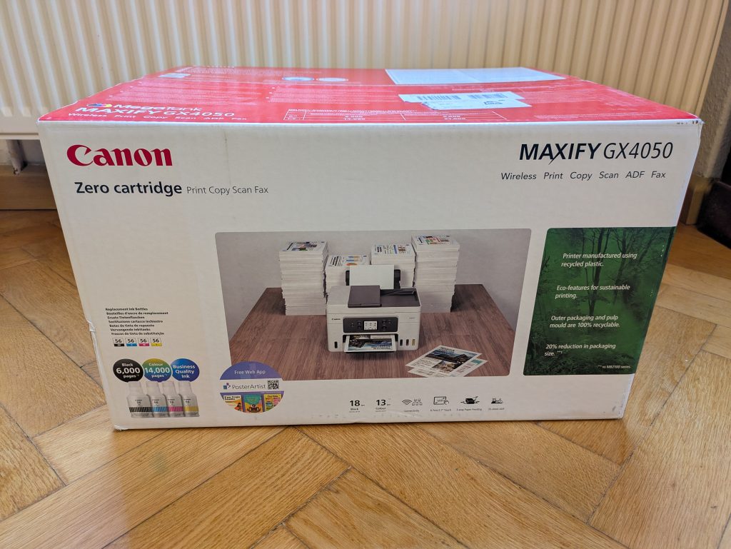 Verpackung des Canon Maxify GX4050 Multifunktionsdruckers von vorne