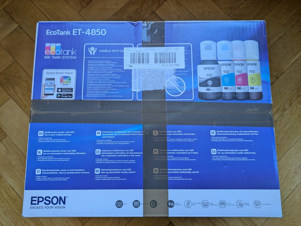 Verpackung des Epson EcoTank ET-4850 Multifunktionsdruckers von oben