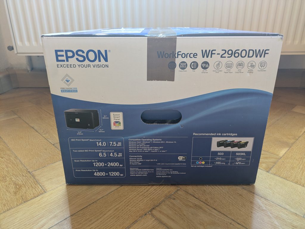 Verpackung des Epson WorkForce WF-2960DWF Multifunktionsdrucker von Rechts